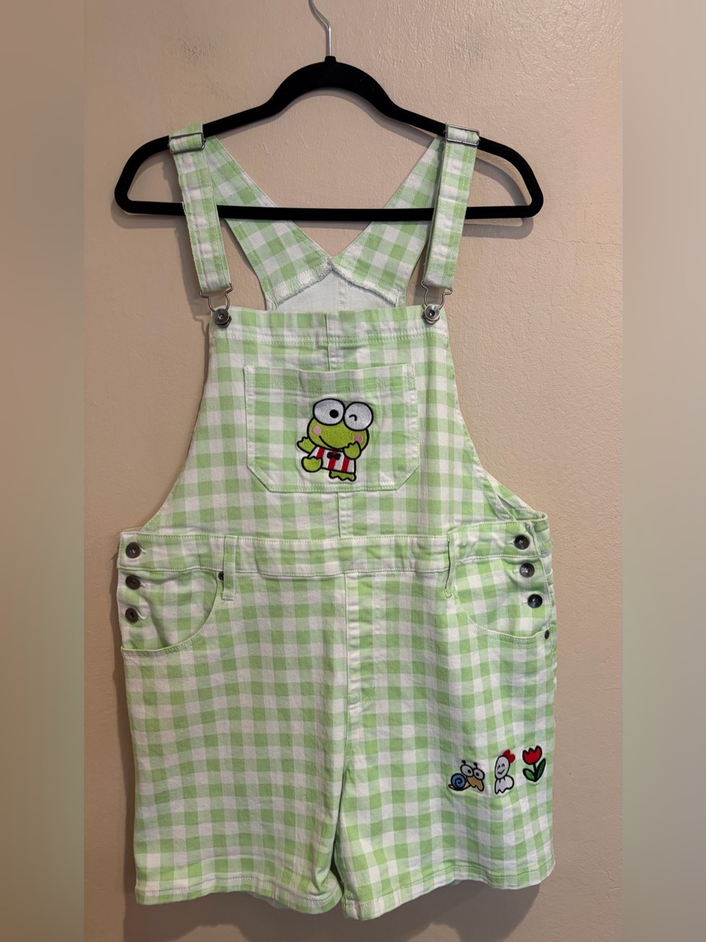 Sanrio Keroppi Mint Green & White Gingham Short Overalls, Size XL